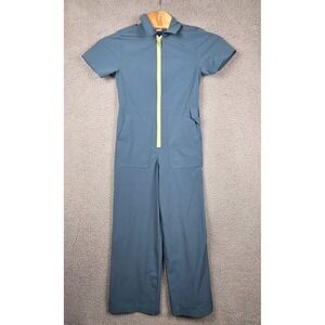 Stoic Utility Jumpsuit Womens XS Blue Stretch Short Sleeve Zip Front Wide Leg